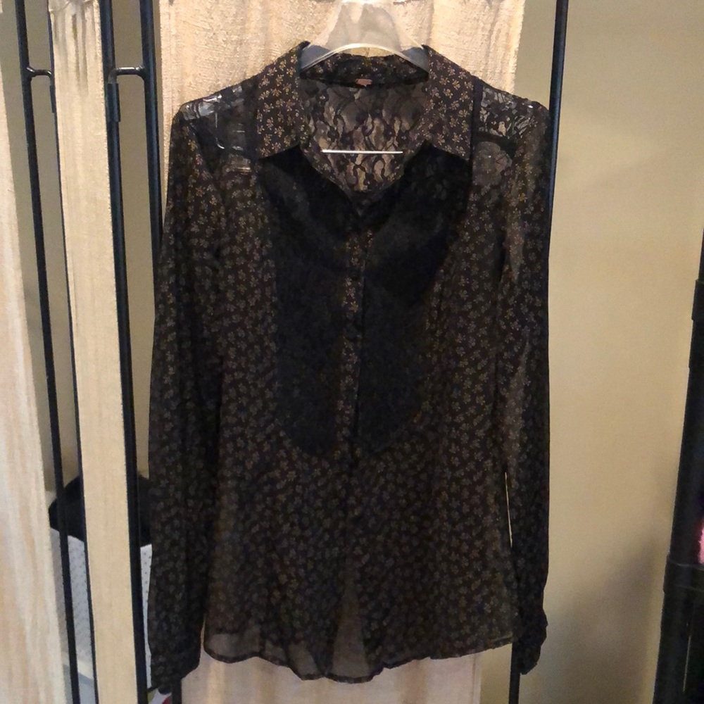 Free People - awesome sheer Black and Tan sheer shirt.